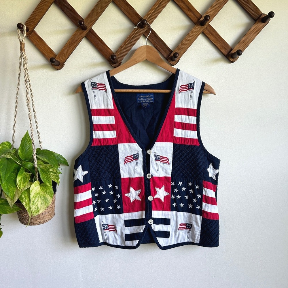 Vintage‎ Willow Ridge Patriotic American Flag Patchwork Vest Womens Medium Stars